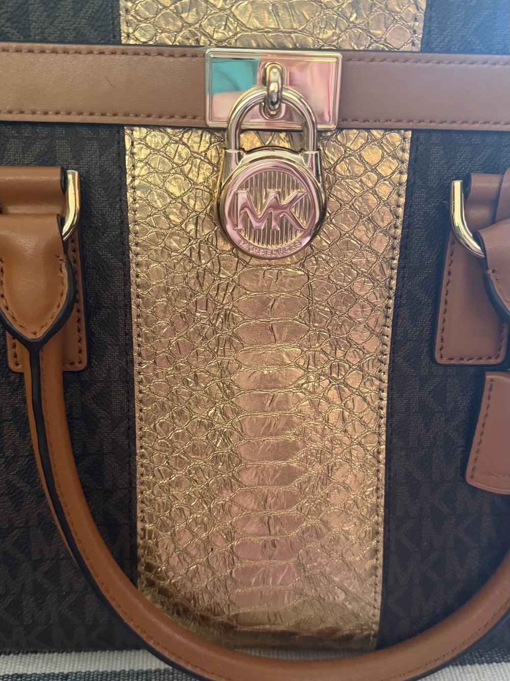Michael Kors Brown Saffiano Satchel with Metallic Gold Center Panel